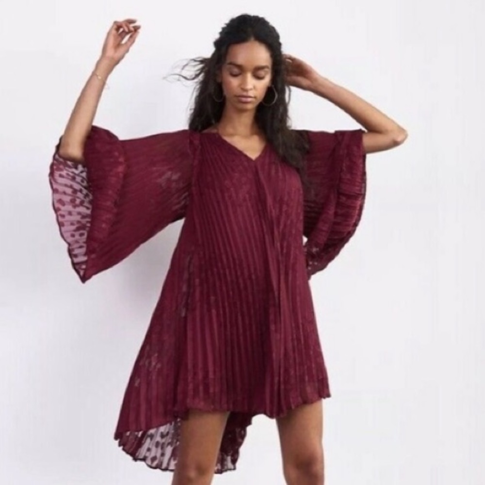Anthropologie Burgundy Dress Flutter Sleeves